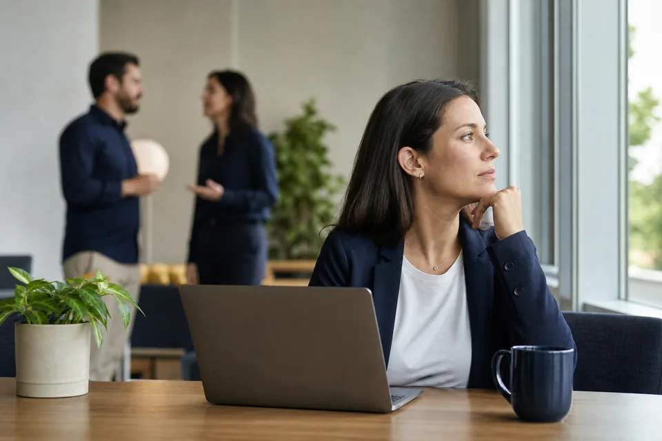 Sales manager at her desk weighing two software subscriptions for her team