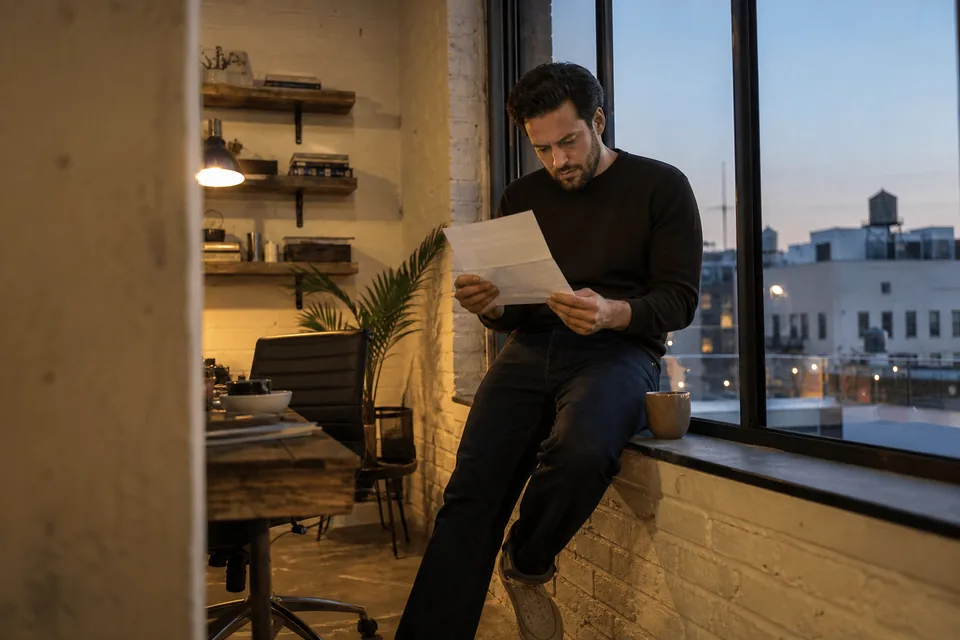 Agency owner reading a software invoice by a window at dusk