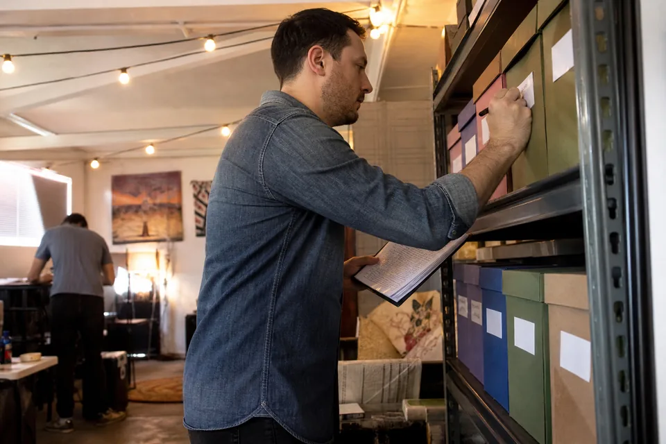 Agency operator labeling a rack of client folders in a small outbound agency
