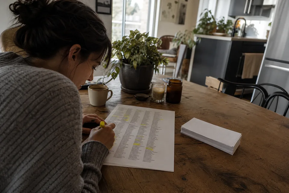 Founder sorting a printed prospect list with a highlighter at a kitchen table