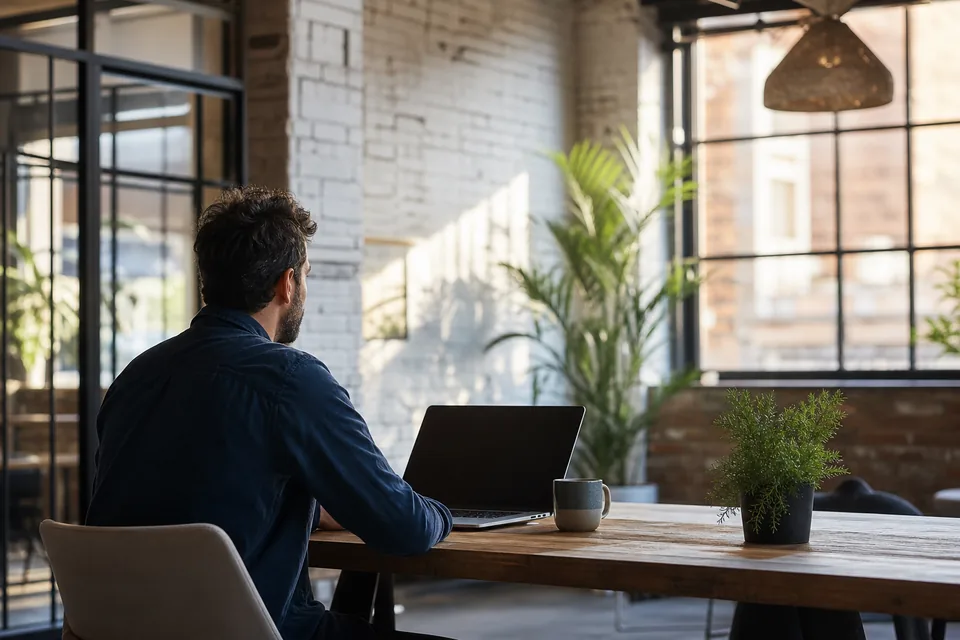 Agency founder at a desk in a loft office budgeting outreach mailboxes